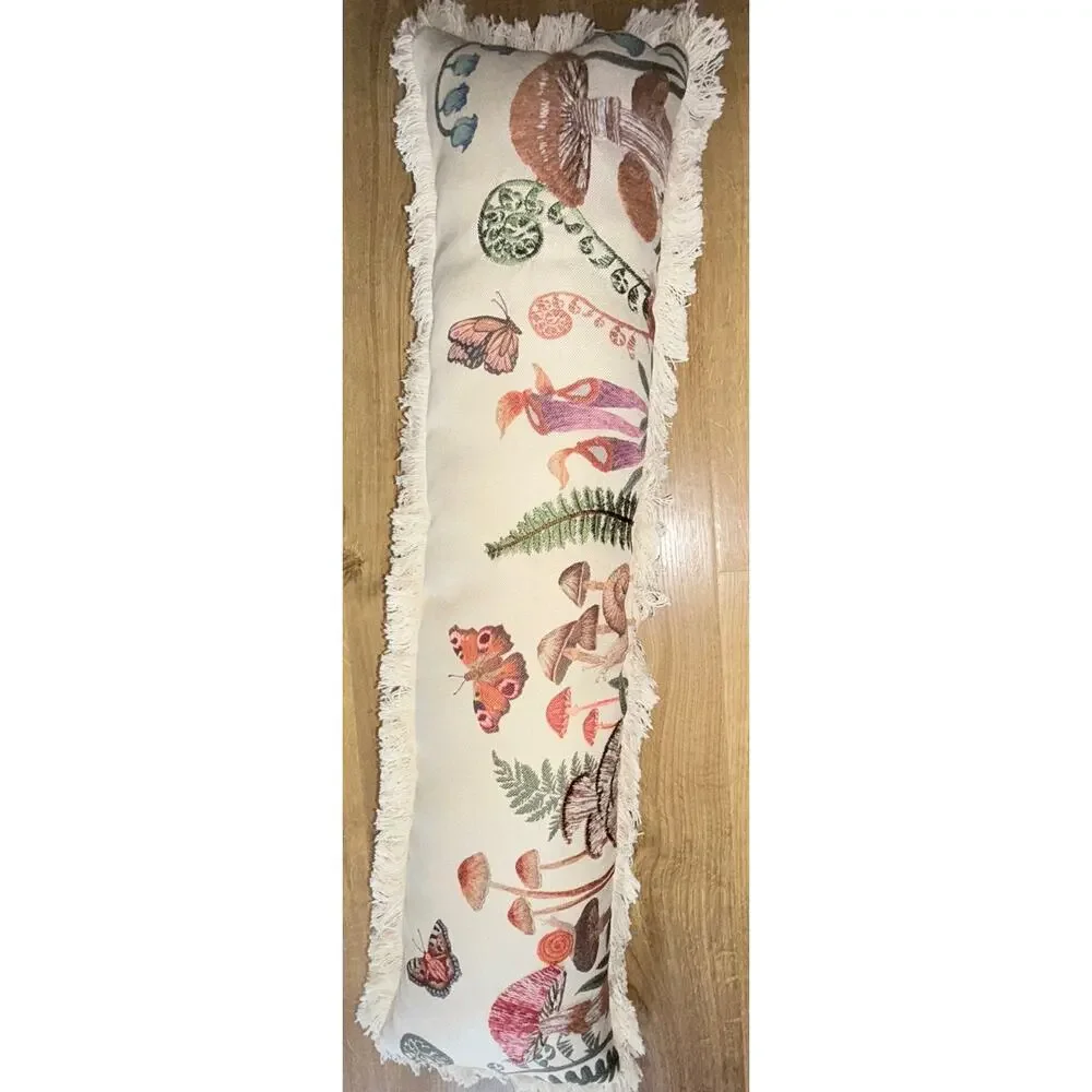 Whimsical Ivory Embroidered Mushroom Butterfly Lumbar Pillow 35x9”